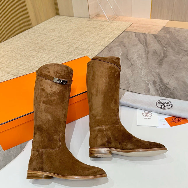 HM 25S JUMPING KNEE-HIGH BOOTS IN BROWN SUEDE WITH SILVER HARDWARE