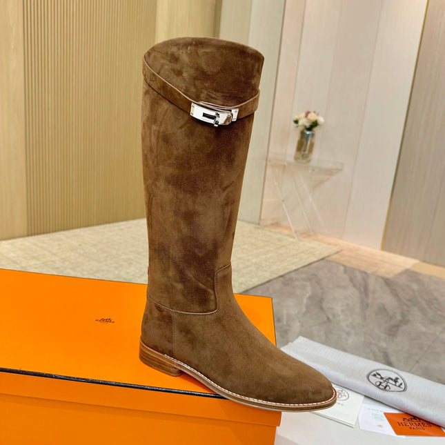 HM 25S JUMPING KNEE-HIGH BOOTS IN BROWN SUEDE WITH SILVER HARDWARE