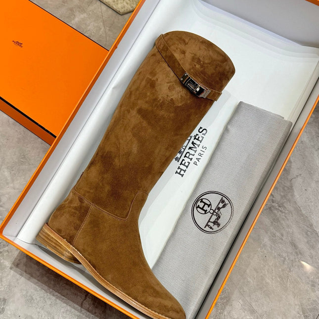 HM 25S JUMPING KNEE-HIGH BOOTS IN BROWN SUEDE WITH SILVER HARDWARE