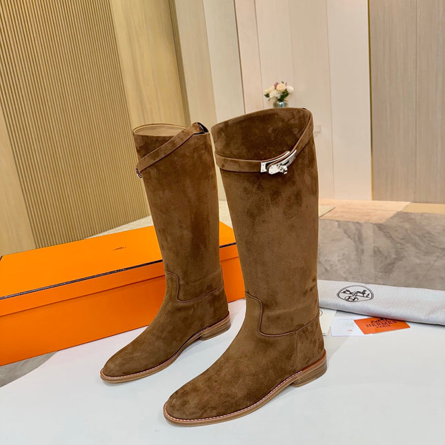HM 25S JUMPING KNEE-HIGH BOOTS IN BROWN SUEDE WITH SILVER HARDWARE