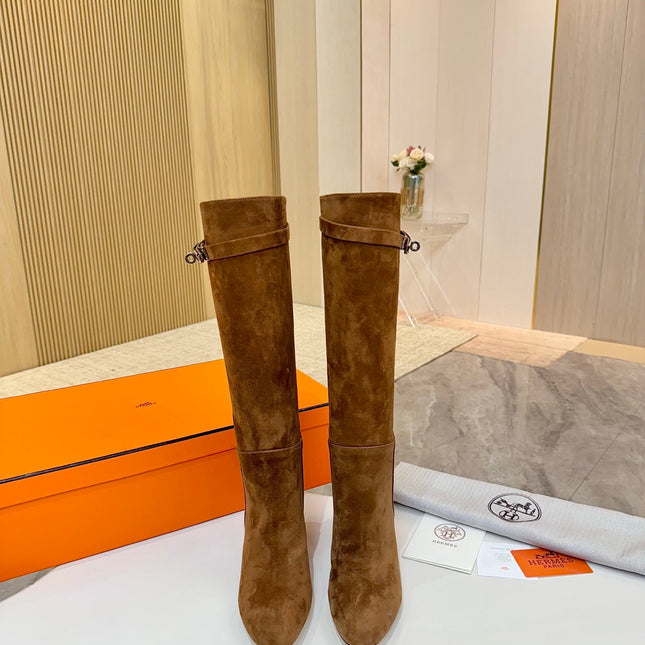 HM 25S KELLY KNEE-HIGH BOOTS IN BROWN SUEDE WITH SILVER HARDWARE