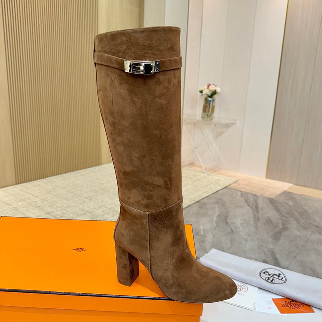 HM 25S KELLY KNEE-HIGH BOOTS IN BROWN SUEDE WITH SILVER HARDWARE