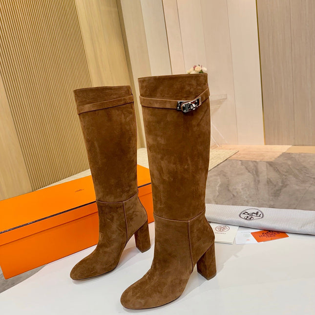HM 25S KELLY KNEE-HIGH BOOTS IN BROWN SUEDE WITH SILVER HARDWARE
