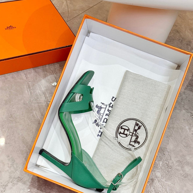 HM 26S H HIGH HEEL SANDALS 90MM IN GREEN GRAINED CALFSKIN