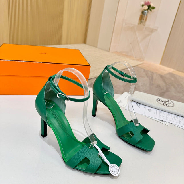 HM 26S H HIGH HEEL SANDALS 90MM IN GREEN GRAINED CALFSKIN