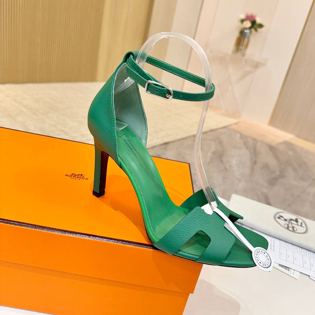 HM 26S H HIGH HEEL SANDALS 90MM IN GREEN GRAINED CALFSKIN