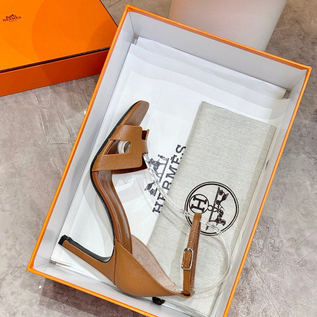 HM 26S H HIGH HEEL SANDALS 90MM IN TAN BROWN GRAINED CALFSKIN