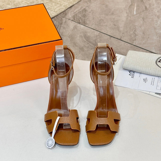HM 26S H HIGH HEEL SANDALS 90MM IN TAN BROWN GRAINED CALFSKIN