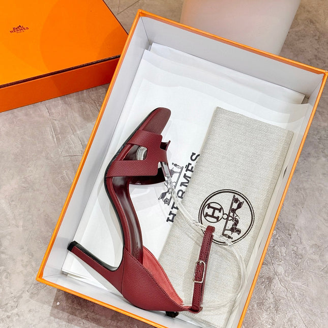 HM 26S H HIGH HEEL SANDALS 90MM IN DARK RED GRAINED CALFSKIN