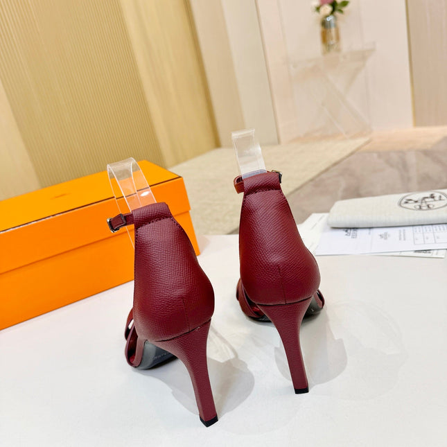 HM 26S H HIGH HEEL SANDALS 90MM IN DARK RED GRAINED CALFSKIN