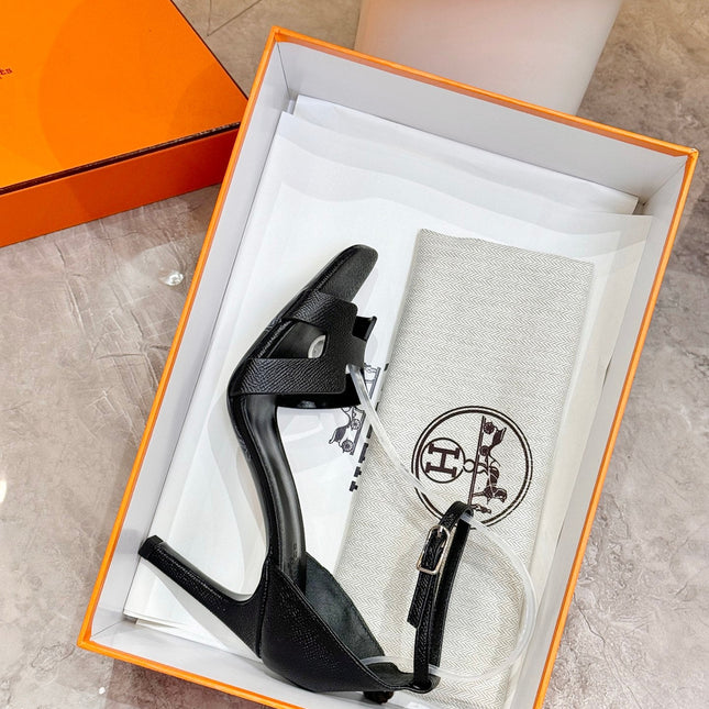 HM 26S H HIGH HEEL SANDALS 90MM IN BLACK GRAINED CALFSKIN