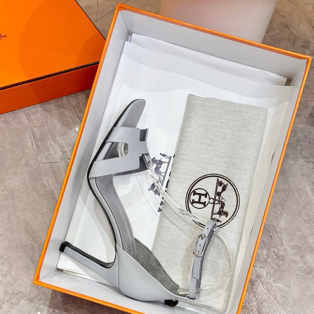 HM 26S H HIGH HEEL SANDALS 90MM IN LIGHT GREY GRAINED CALFSKIN