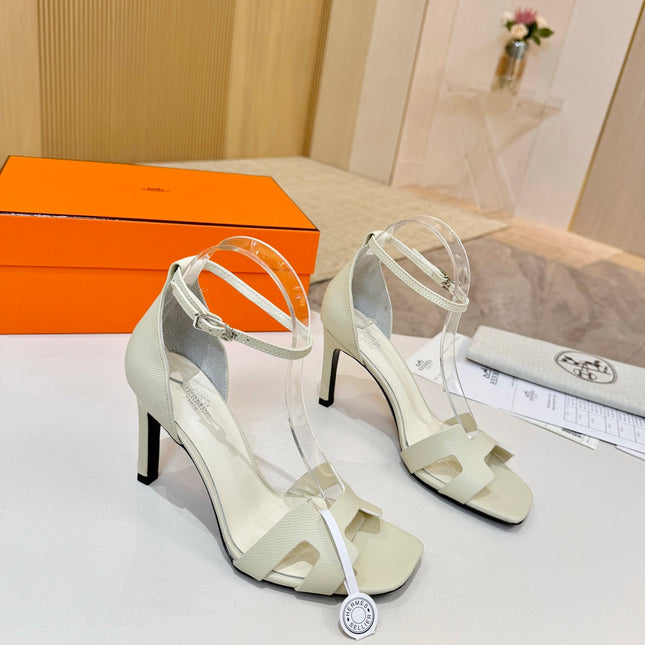 HM 26S H HIGH HEEL SANDALS 90MM IN IVORY WHITE GRAINED CALFSKIN
