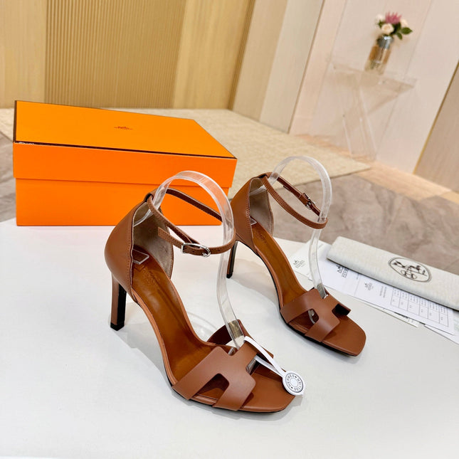 HM 26S H HIGH HEEL SANDALS 90MM IN BROWN CALFSKIN