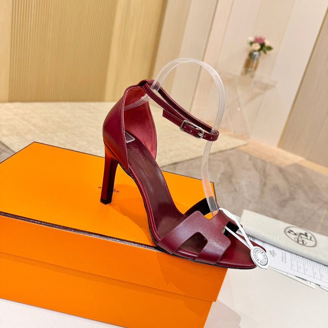 HM 26S H HIGH HEEL SANDALS 90MM IN BURGUNDY RED CALFSKIN