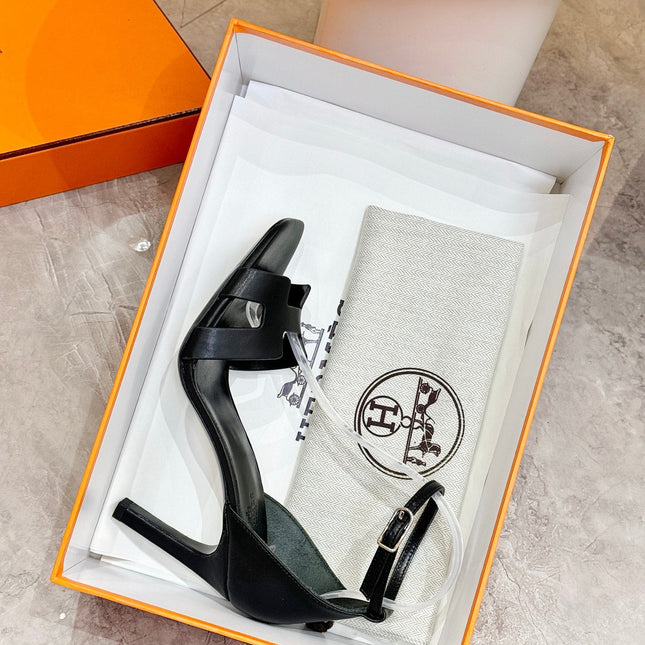 HM 26S H HIGH HEEL SANDALS 90MM IN BLACK CALFSKIN