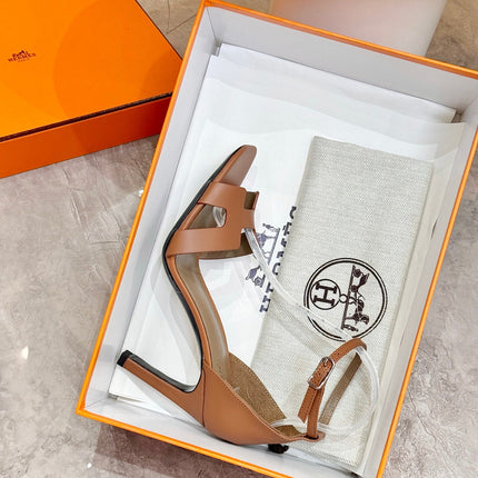 HM 26S H HIGH HEEL SANDALS 90MM IN TAN BROWN CALFSKIN