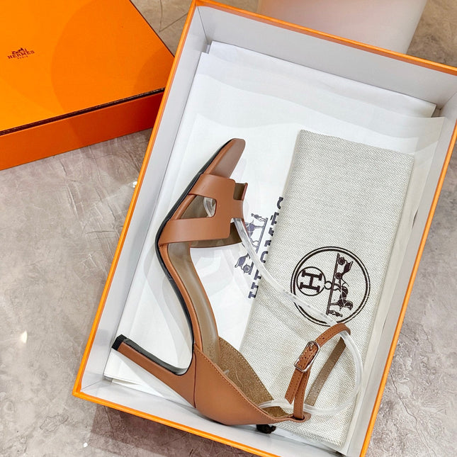 HM 26S H HIGH HEEL SANDALS 90MM IN TAN BROWN CALFSKIN
