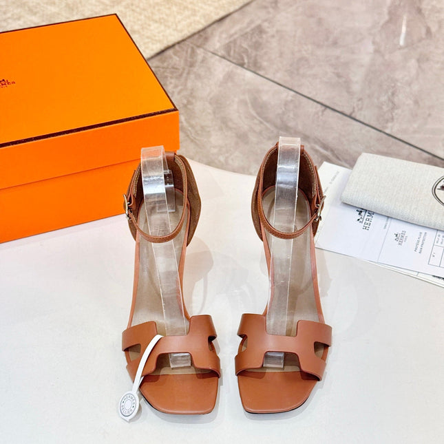 HM 26S H HIGH HEEL SANDALS 90MM IN TAN BROWN CALFSKIN
