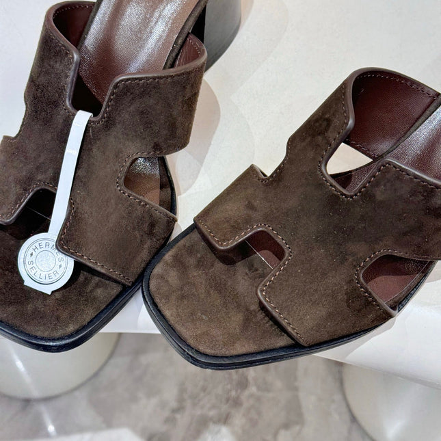 HM 26S HELIA SANDAL 70MM IN DARK BROWN SUEDE