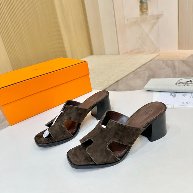 HM 26S HELIA SANDAL 70MM IN DARK BROWN SUEDE