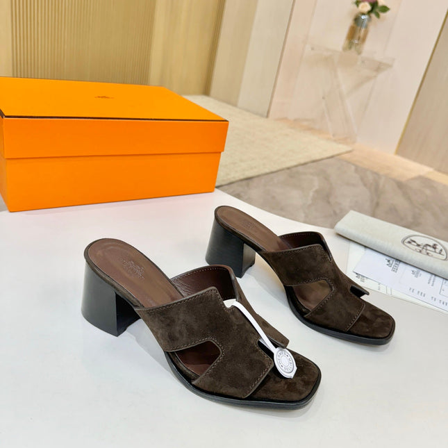HM 26S HELIA SANDAL 70MM IN DARK BROWN SUEDE