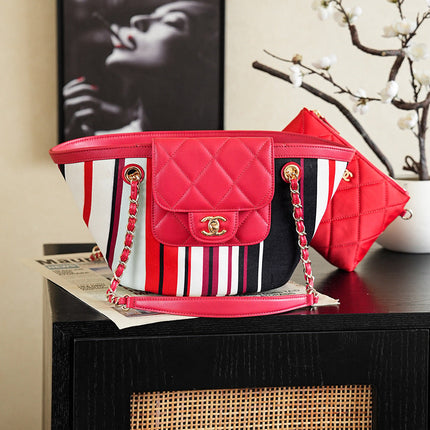 CHANEL 26S TOTE BAG 41 IN RED MULTICOLOR CANVAS AND CALFSKIN GOLD HARDWARE