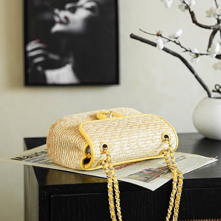 CHANEL 26S CLASSIC FLAP MEDIUM 23 IN NATURAL RAFFIA AND YELLOW CALFSKIN GOLD HARDWARE