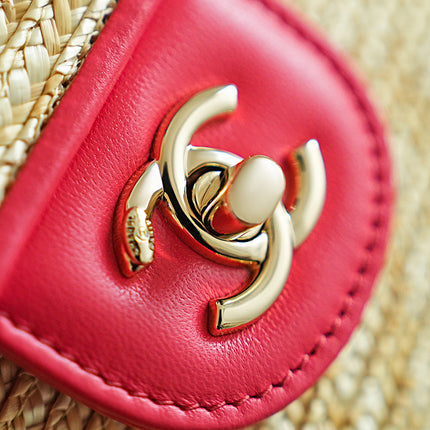 CHANEL 26S CLASSIC FLAP MEDIUM 23 IN NATURAL RAFFIA AND PINK CALFSKIN GOLD HARDWARE