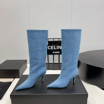 KNEE HIGH BOOTS 85 MM IN CERULEAN BLUE DENIM FABRIC