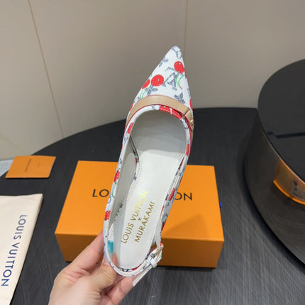 LV HIGH SLINGBACK LOGO AND CHERRY PRINT 25S 55MM IN WHITE DENIM