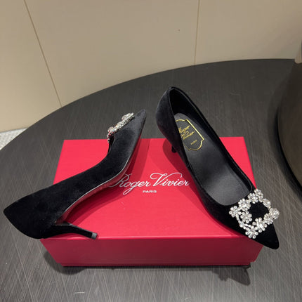 ROGER VIVIER 25S POINTED TOE HIGH HEELS 70MM IN BLACK VELVET EMBELLISHED CRYSTALS