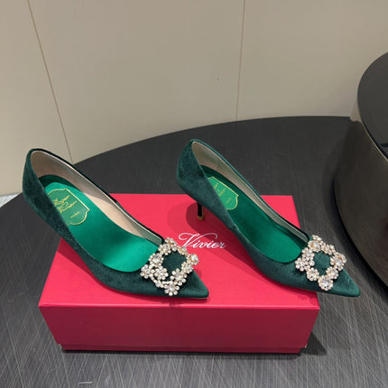 ROGER VIVIER 25S POINTED TOE HIGH HEELS 70MM IN TEAL GREEN VELVET EMBELLISHED CRYSTALS