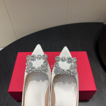 ROGER VIVIER 25S POINTED TOE HIGH HEELS 70MM IN IVORY SILK EMBELLISHED CRYSTALS