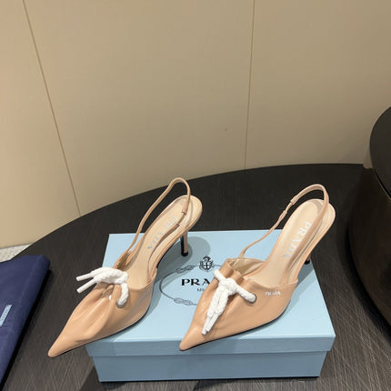 PRADA 25S POINTED TOE SLINGBACK 85MM IN BEIGE LAMBSKIN WITH TIE UP DESIGN