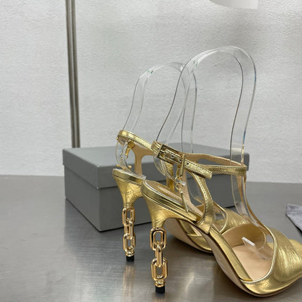 HIGH-HEELED T-STRAP SANDAL IN GOLD CALFSKIN