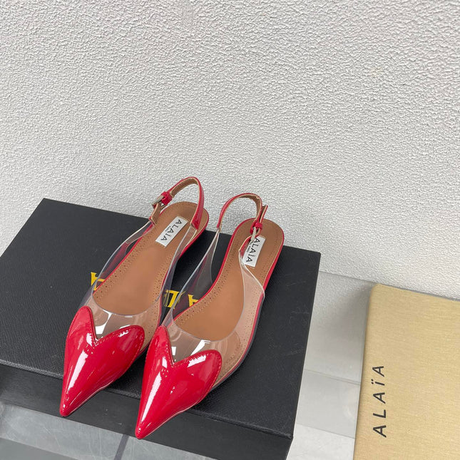 ALAIA LE COEUR FLAT SLINGBACKS IN CHERRY RED PATENT LAMBSKIN