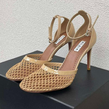 ALAIA HIGH FISHNET 9 CM PUMPS IN EGG NOG MESH