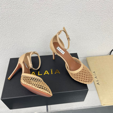 ALAIA HIGH FISHNET 9 CM PUMPS IN EGG NOG MESH