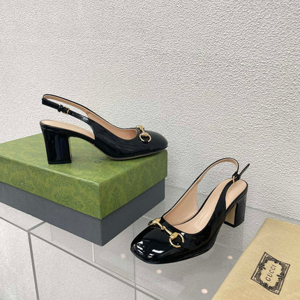 GG WOMEN'S HORSEBIT SLINGBACK 75MM IN BLACK CALFSKIN
