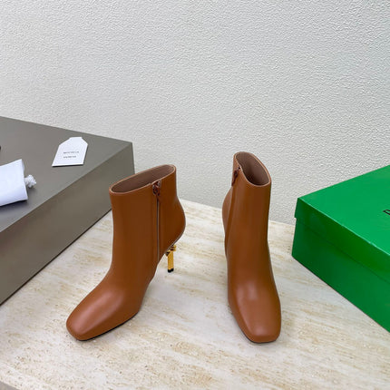 KNOT ANKLE BOOT IN BRONZE BROWN CALFSKIN WITH GOLD METAL HEEL 9 CM