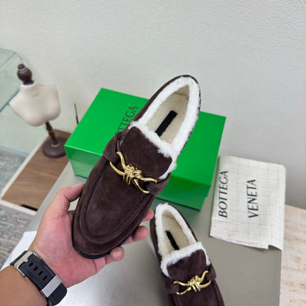 BOTTEGA VENETA 26S LOAFERS IN DARK BROWN SUEDE AND WHITE WOOL WITH GOLD HARDWARE