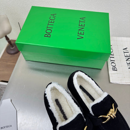 BOTTEGA VENETA 26S LOAFERS IN BLACK SUEDE AND WHITE WOOL WITH GOLD HARDWARE