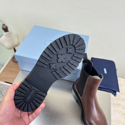 PRADA 25S PLATFORM CHELSEA BOOTS IN DARK BROWN CALFSKIN
