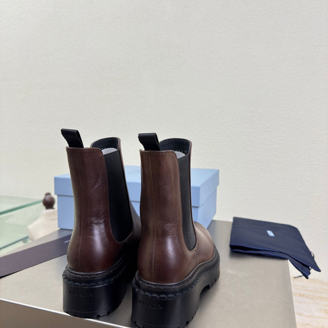 PRADA 25S PLATFORM CHELSEA BOOTS IN DARK BROWN CALFSKIN