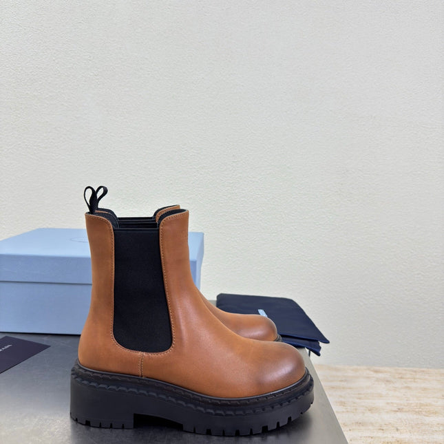 PRADA 25S PLATFORM CHELSEA BOOTS IN BROWN CALFSKIN