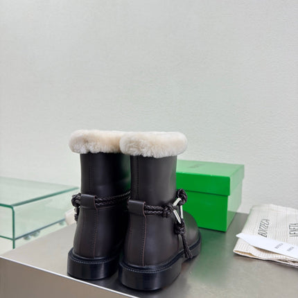 BOTTEGA VENETA 26S FUR-LINED BOOTS IN DARK BROWN CALFSKIN AND WHITE WOOL