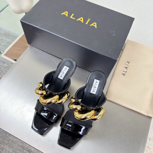 ALAIA 26S DOUBLE STRAP WEDGE SANDALS 110 MM IN BLACK GLOSSY CALFSKIN WITH GOLD HARDWARE