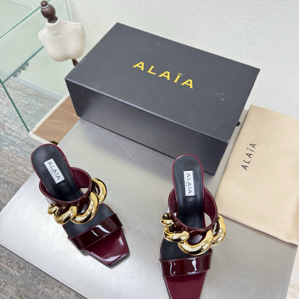 ALAIA 26S DOUBLE STRAP WEDGE SANDALS 110 MM IN DARK RED GLOSSY CALFSKIN WITH GOLD HARDWARE