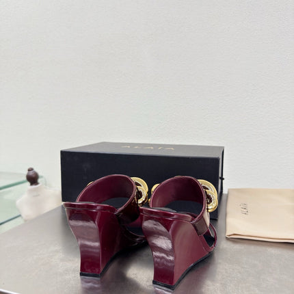 ALAIA 26S DOUBLE STRAP WEDGE SANDALS 110 MM IN DARK RED GLOSSY CALFSKIN WITH GOLD HARDWARE
